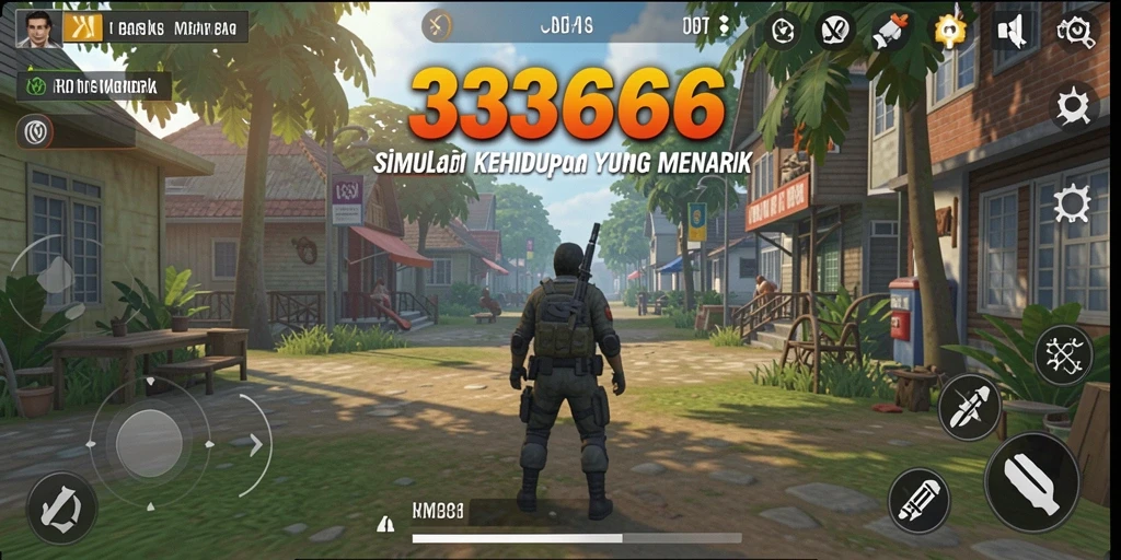Screenshot utama dari gameplay 333666 menunjukkan kehidupan sehari-hari dalam simulasi.