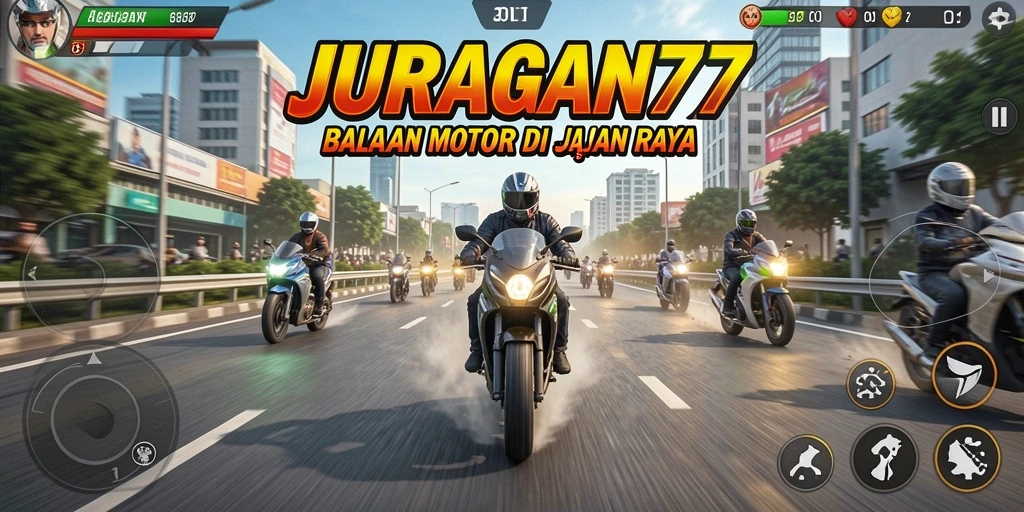 Screenshot gameplay menunjukkan balapan motor seru di jalan raya.