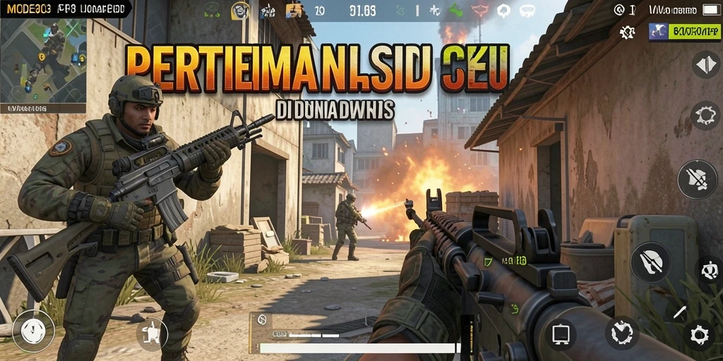 Screenshot gameplay utama MODE303 menampilkan aksi tembak-menembak yang intens.