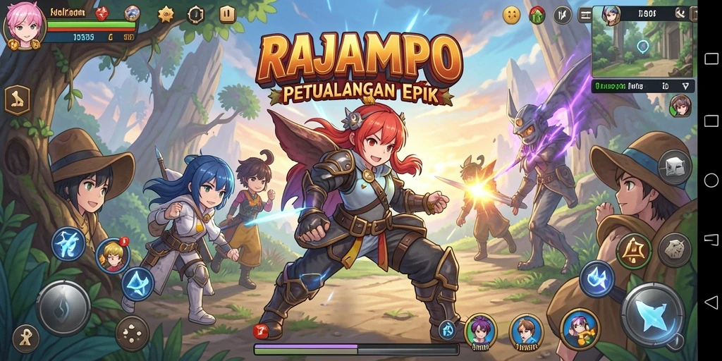 Tangkapan layar gameplay RAJAMPO yang menunjukkan pertarungan karakter anime.